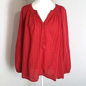 Old Navy Red Tie-Neck Clip-dot Top with Gold Glitter Lines, Size XXL